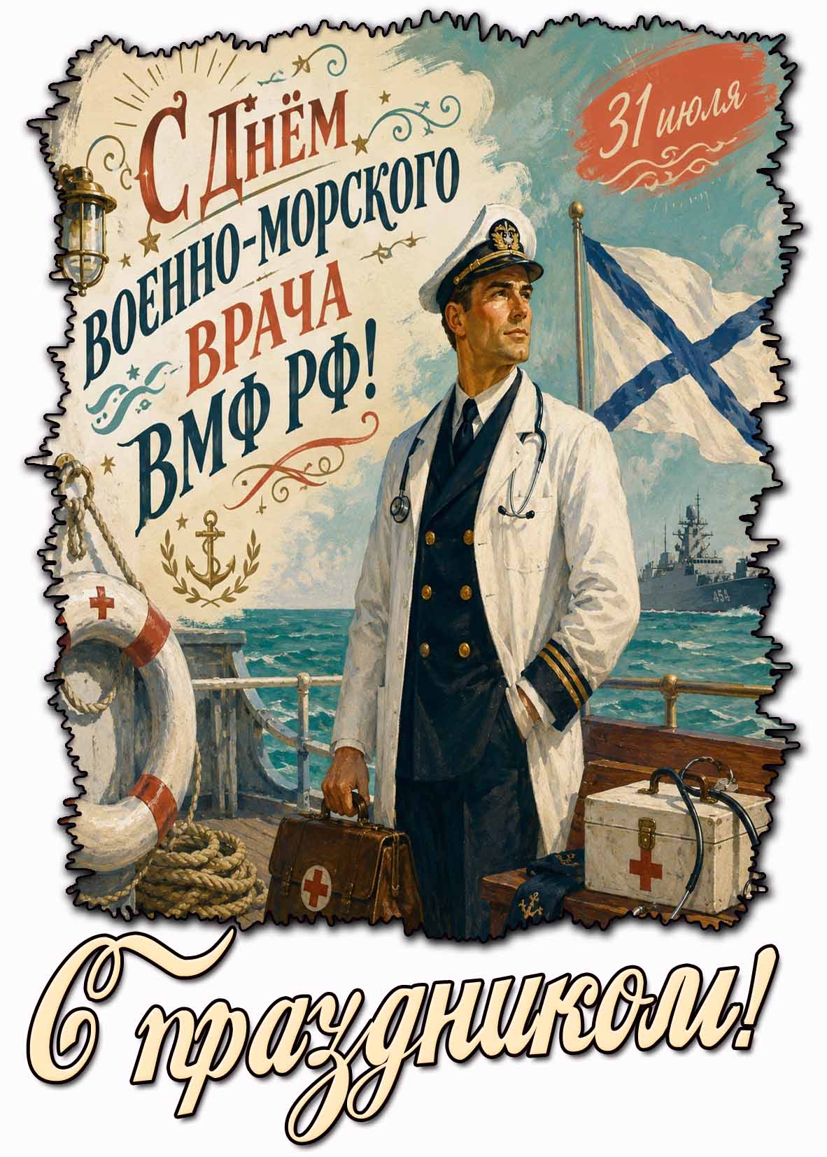 Красивая открытка "С днём военно-морского врача ВМФ РФ! С праздником!" - 31 июля