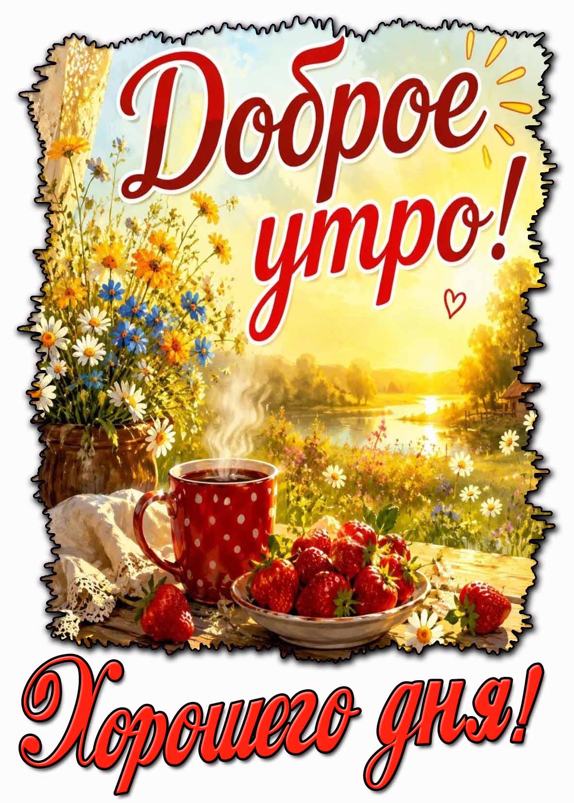 Летняя открытка с кофе и клубникой "Доброе утро! Хорошего дня!"