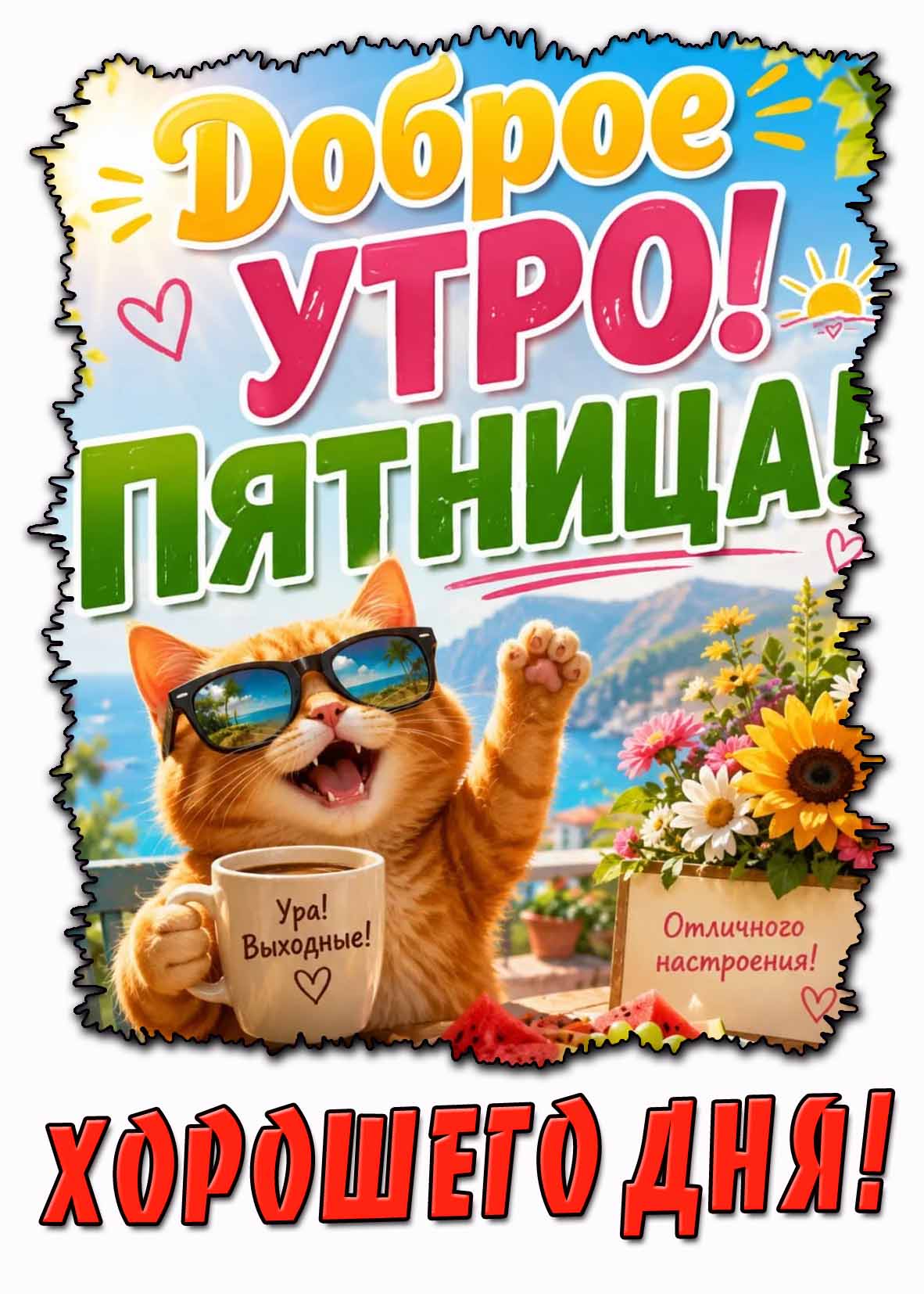 Летняя открытка "Доброе утро пятница! Хорошего дня! Отличного настроения! Ура! Выходные!"