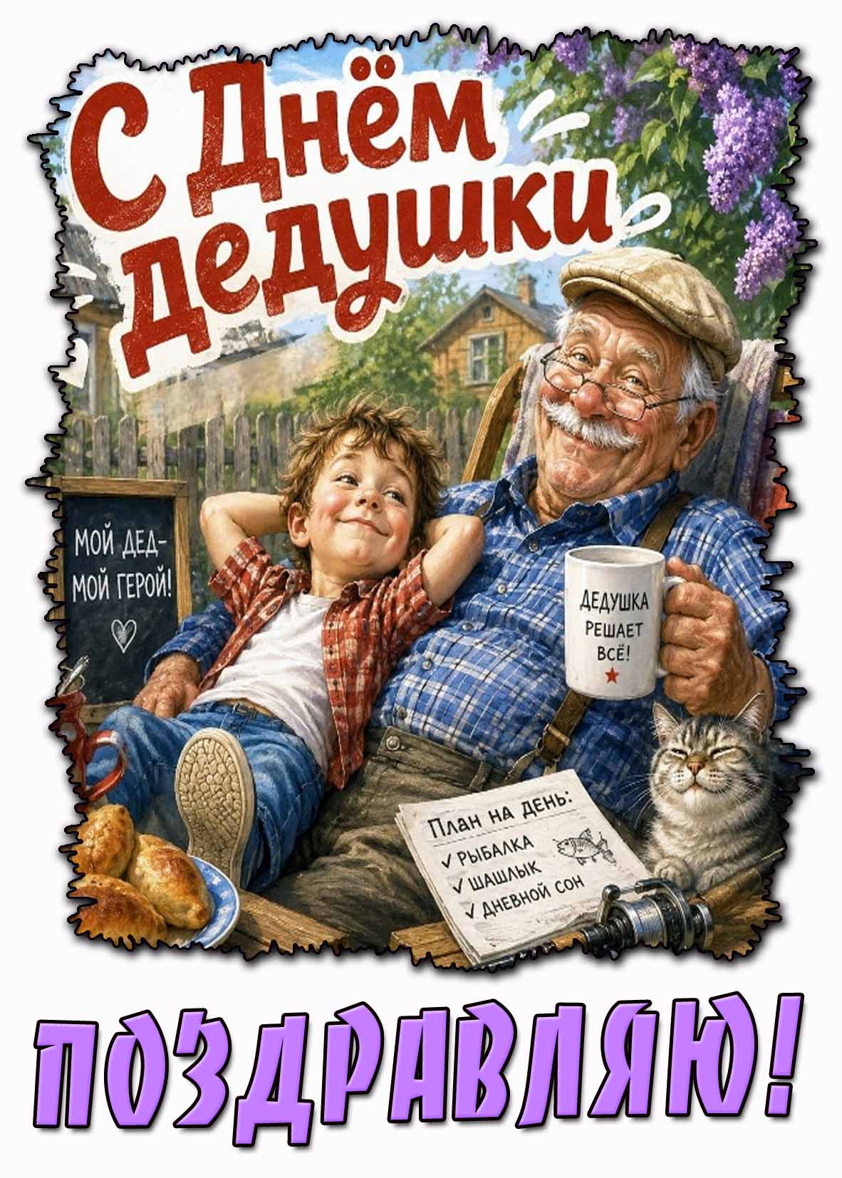 Красивая летняя открытка с дедом, внуком и котом на дачном участке : С днём дедушки! Мой дед - мой герой! Поздравляю! Дедушка - решает всё! Летняя открытка "С днём дедушки! Мой дед - мой герой! Поздравляю!"
