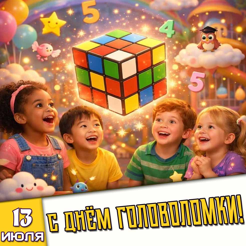 Детская открытка 13 июля - с днём головоломки!
