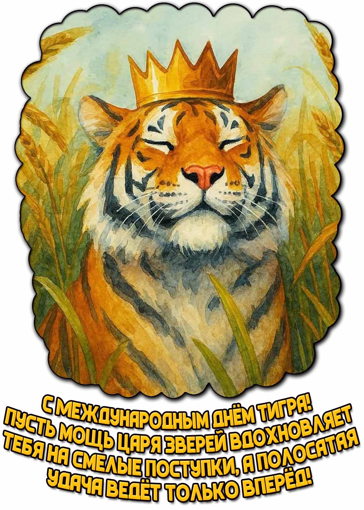 Открытка "С Международным днём тигра! Пусть мощь царя зверей вдохновляет тебя на смелые поступки, а полосатая удача ведёт только вперёд!