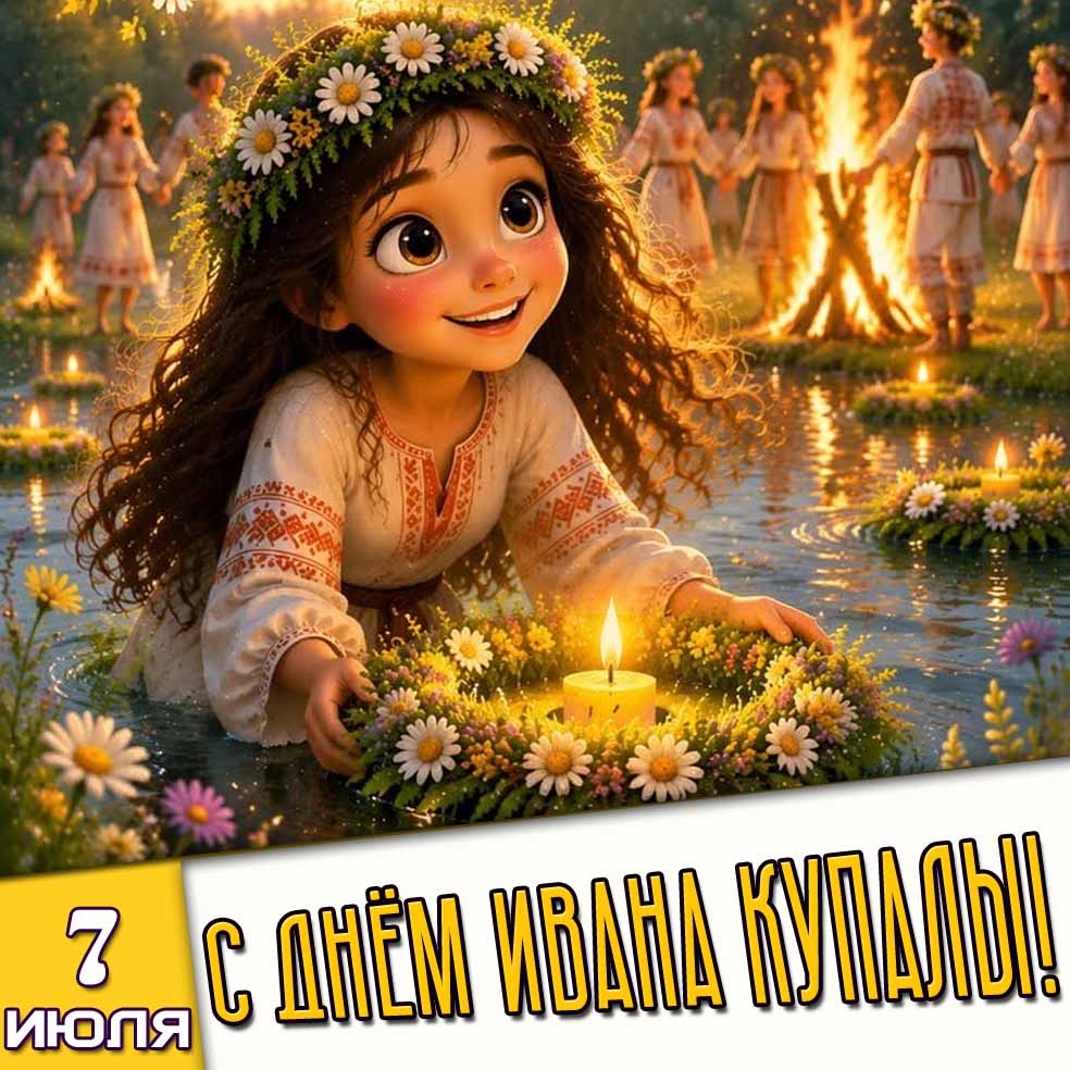 Мультяшная открытка на 7 июля - с днём Ивана Купалы!