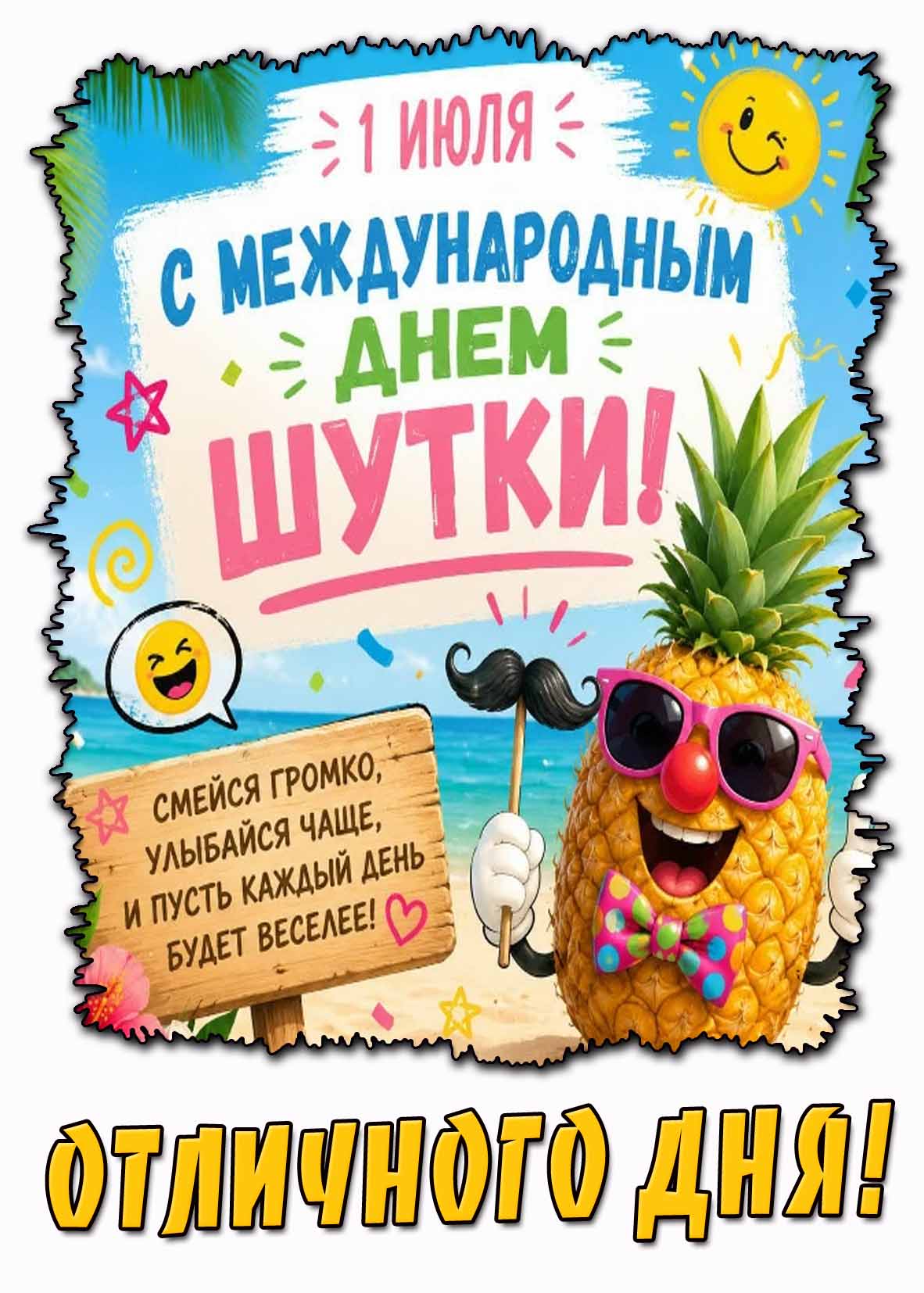 Открытка 1 июля - с Международным днём шутки! Смейся громко, улыбайся чаще и пусть каждый день будет веселее!