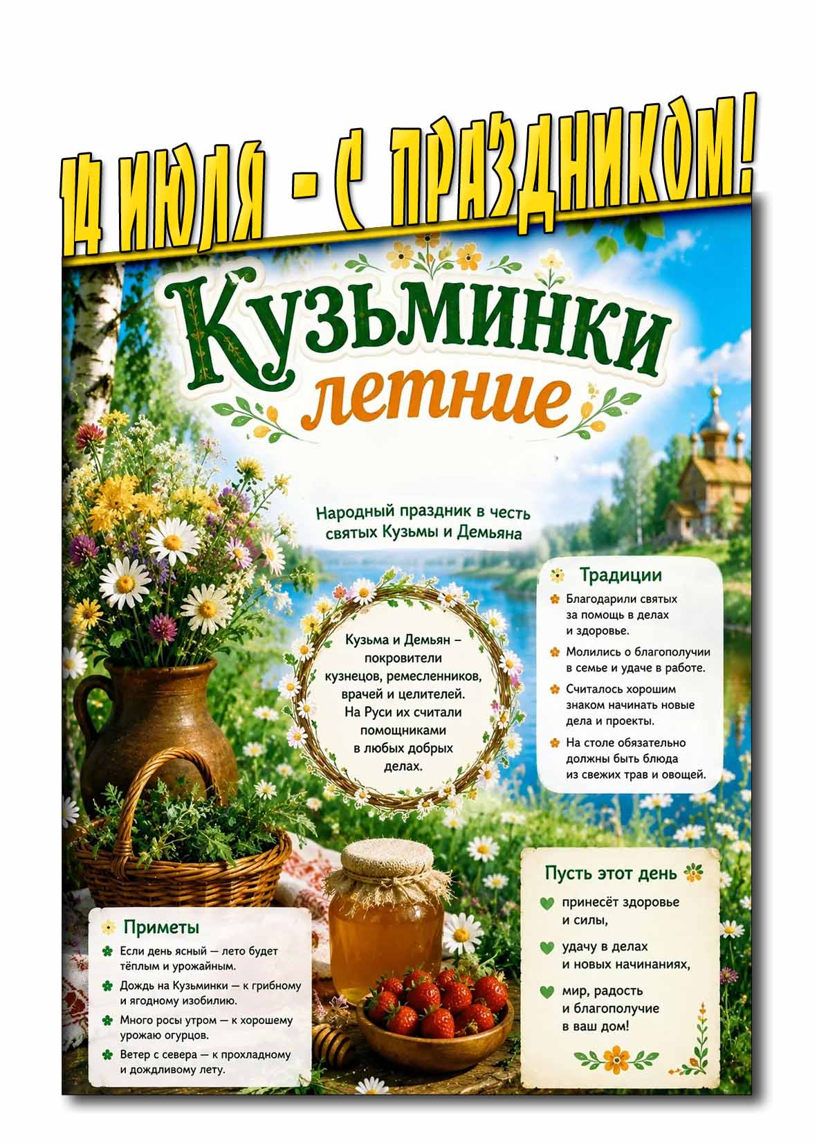 Открытка 14 июля - Кузьминки летние! С праздником!