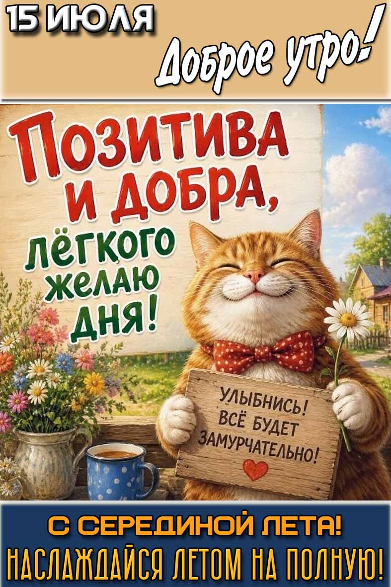 Открытка "15 июля доброе утро! С серединой лета! Наслаждайся летом на полную! Позитива и добра, лёгкого желаю дня!"