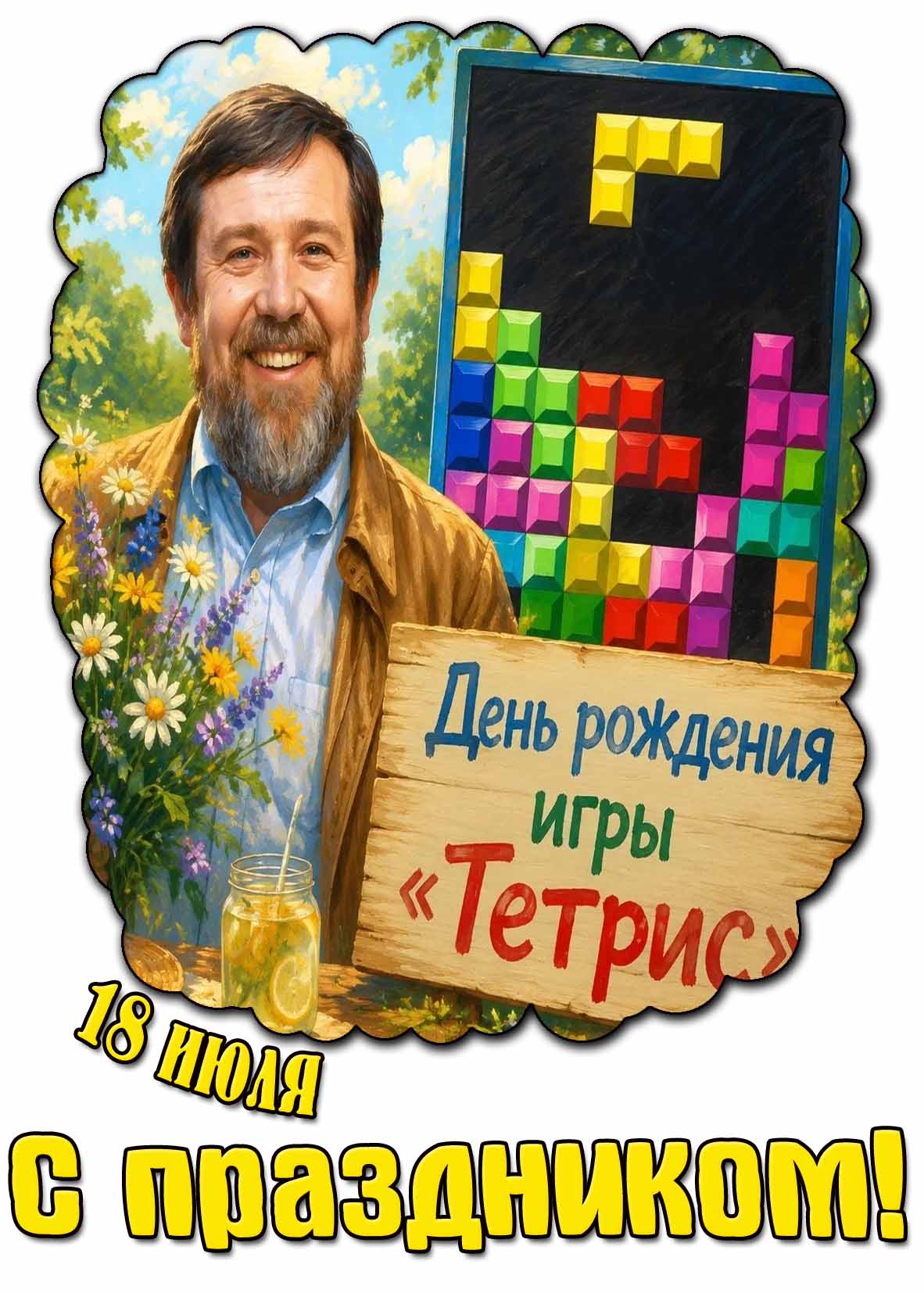 Открытка 18 июля - день рождения игры "Тетрис!" С праздником!