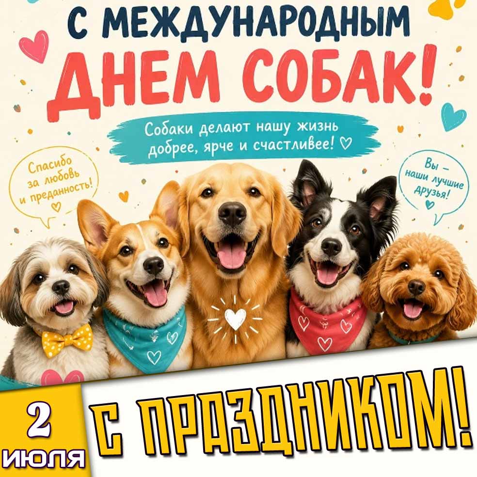Открытка 2 июля - с Международным днём собак! Собаки делают нашу жизнь добрее, ярче и счастливее!