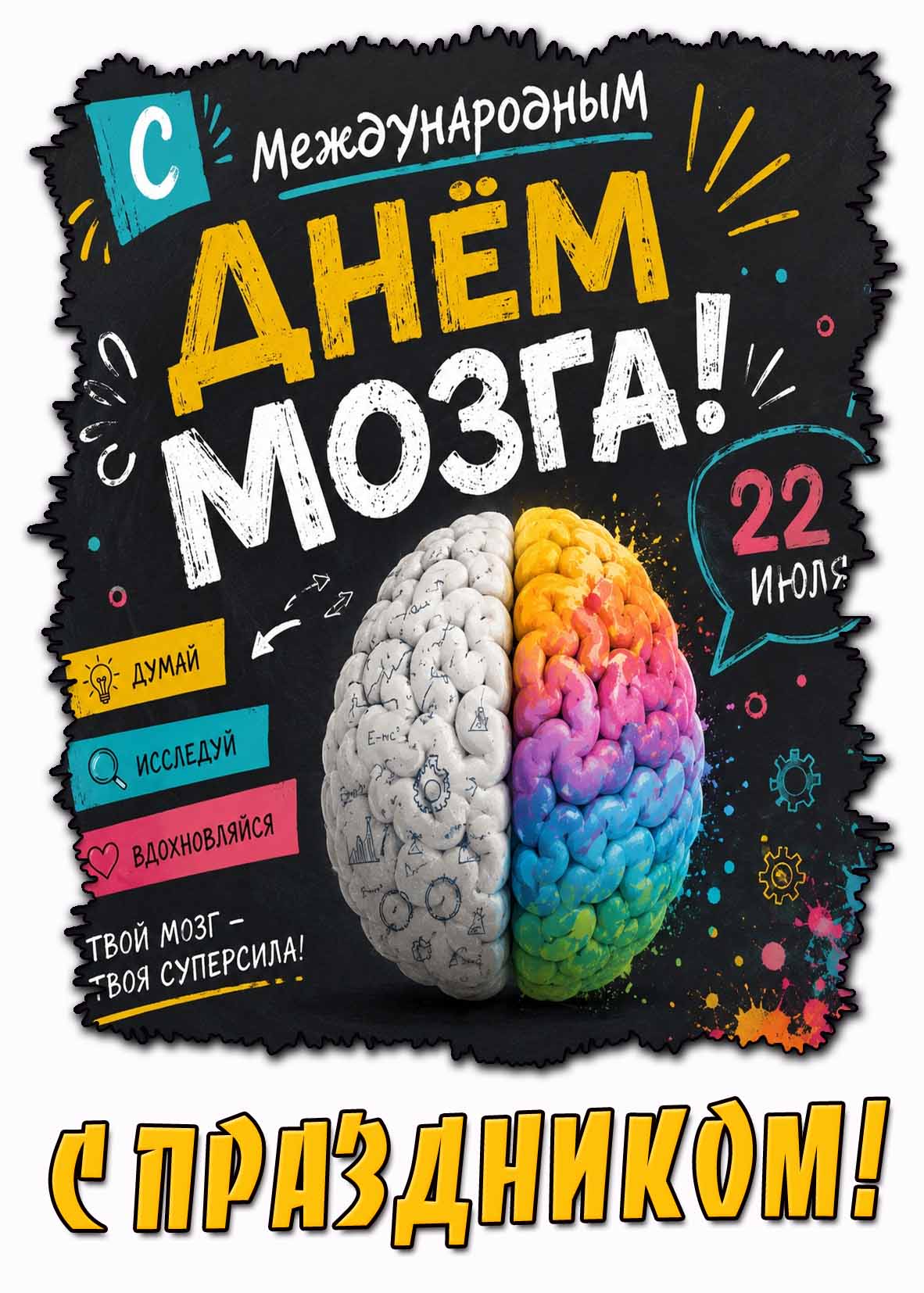 Открытка "С Международным днём мозга! Думай! Исследуй! Вдохновляйся! С праздником!" - 22 июля