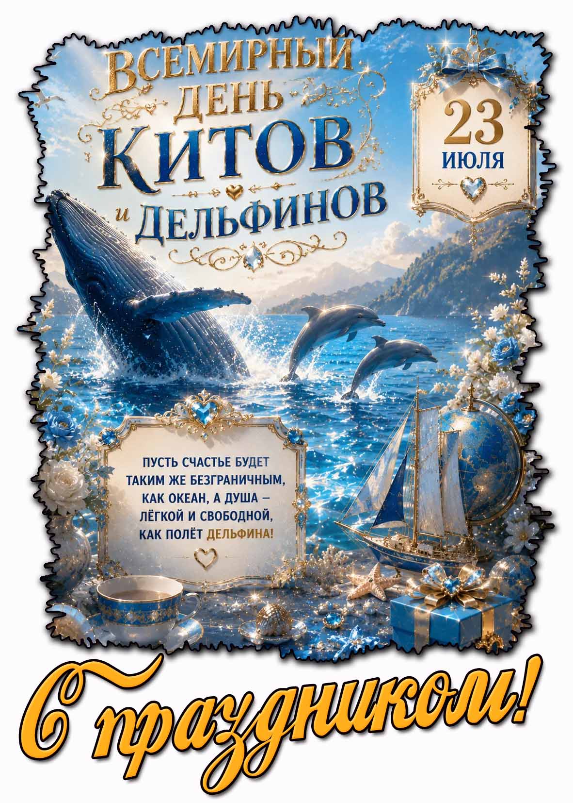 Открытка 23 июля - Всемирный день китов и дельфинов! С праздником!