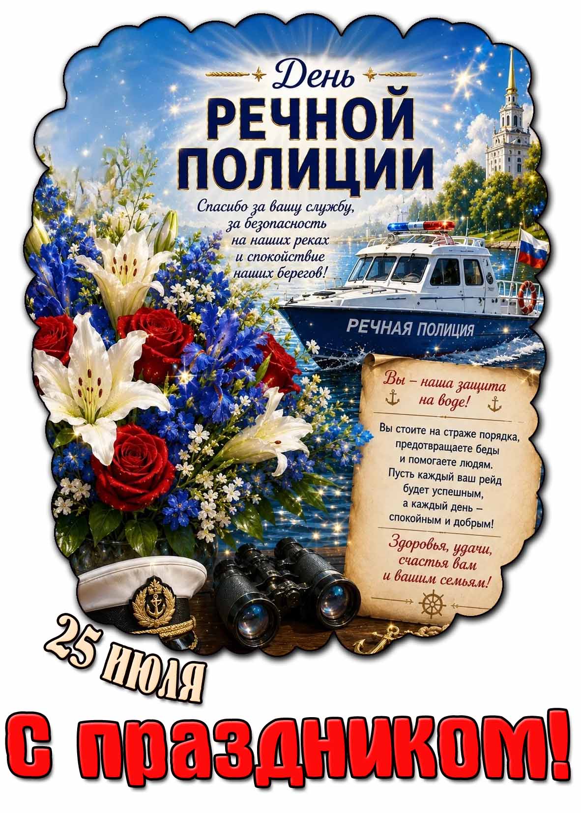Открытка 25 июля - день речной полиции! Спасибо за вашу службу, за безопасность на наших реках и спокойствие наших берегов! С праздником!