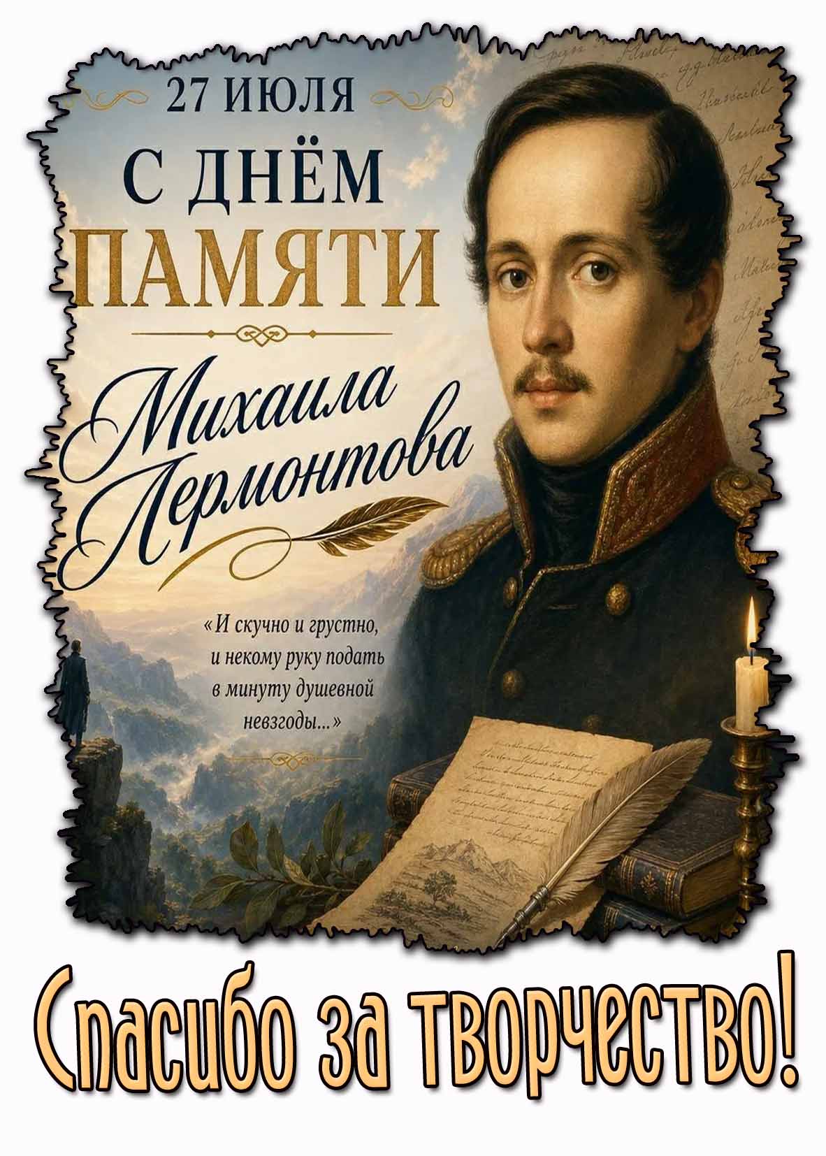 Открытка 27 июля - с днём памяти Михаила Лермонтова! Спасибо за творчество!