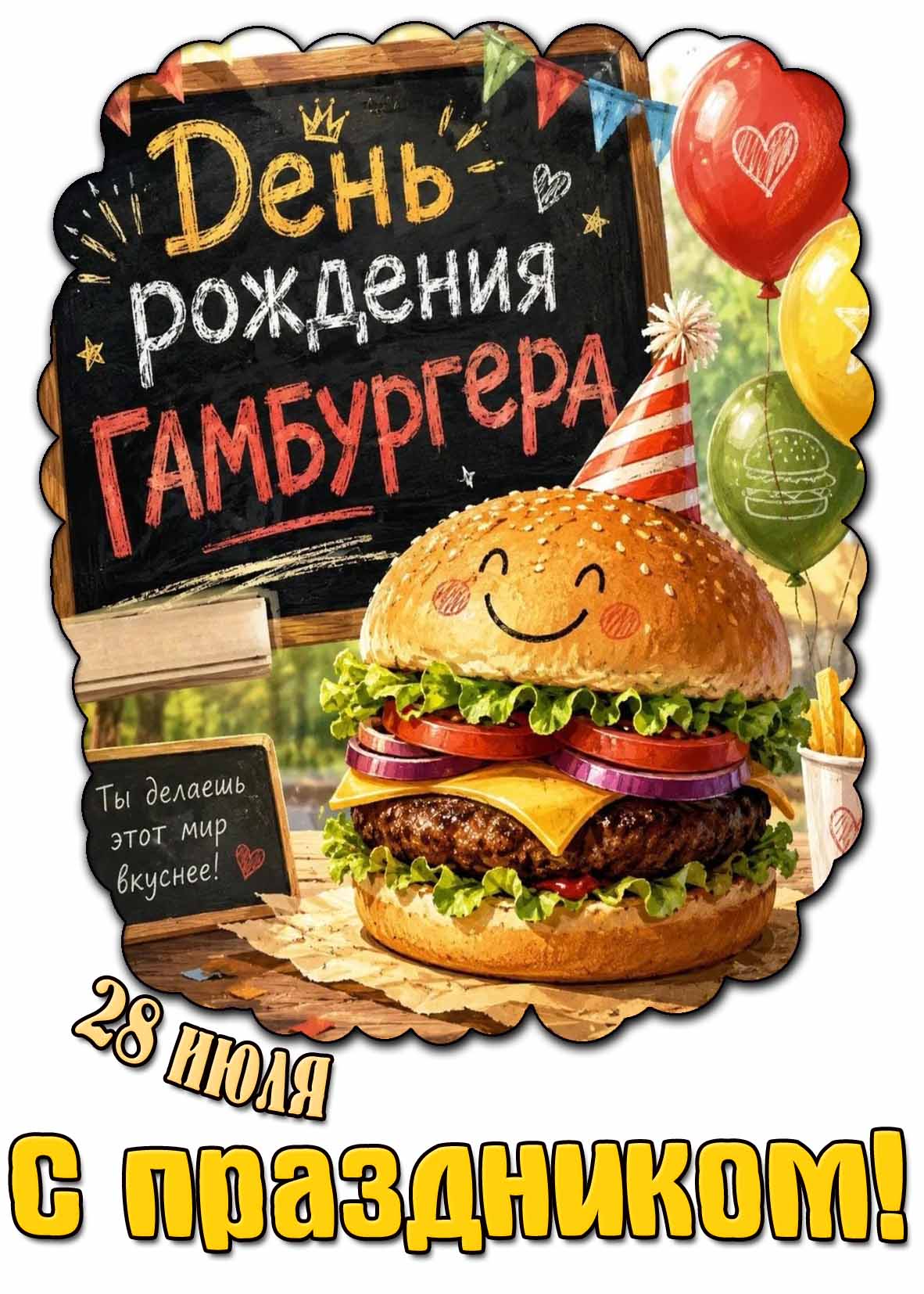 Открытка 28 июля - день рождения гамбургера! Ты делаешь этот мир вкуснее! С праздником!