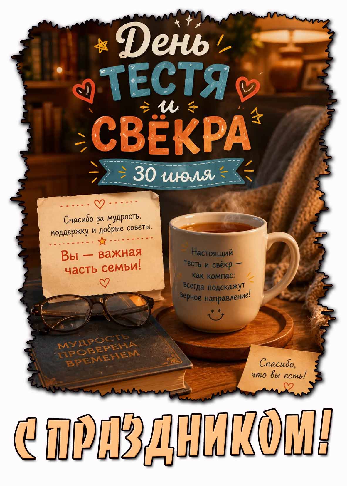 Открытка 30 июля - день тестя и свёкра! Спасибо за мудрость, поддержку и добрые советы! Вы - важная часть семьи! С праздником!