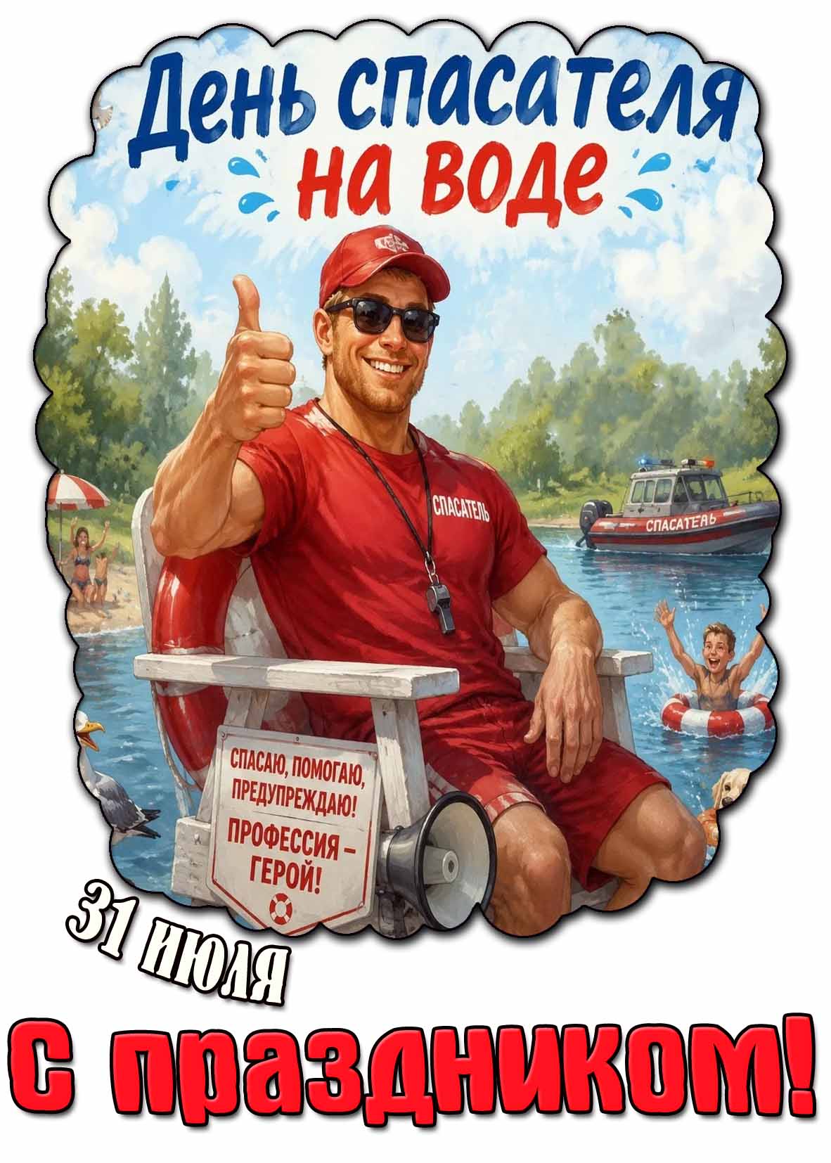 Открытка 31 июля - день спасателя на воде! Спасаю, помогаю, предупреждаю! Профессия - герой! С праздником!