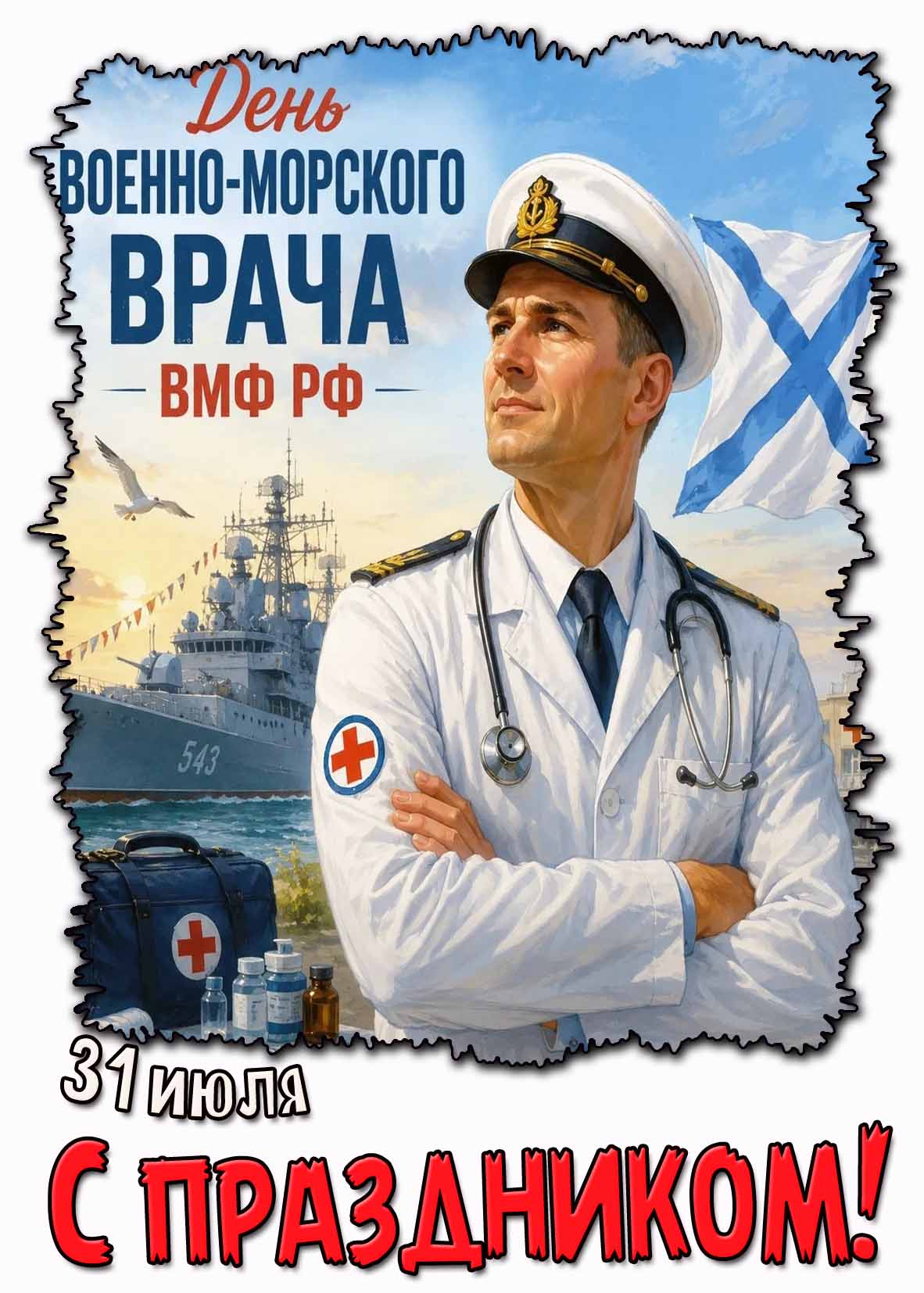 Открытка 31 июля - день военно-морского врача ВМФ РФ! С праздником!