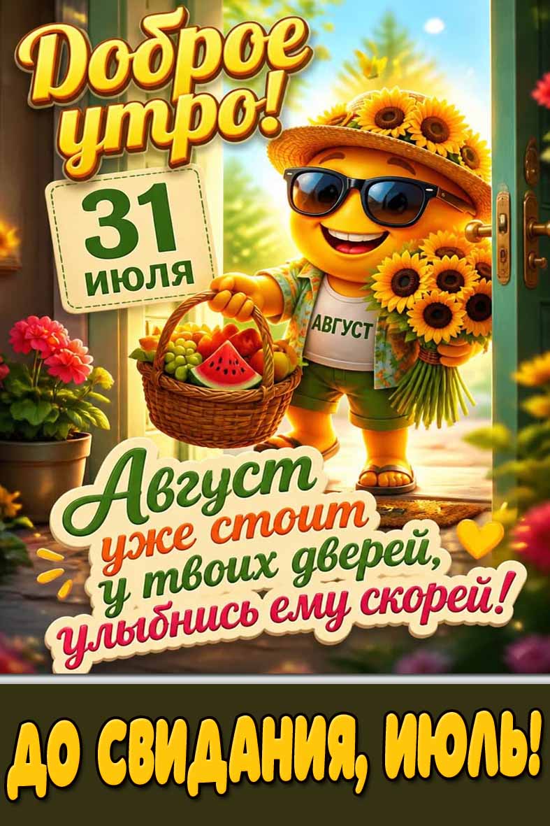 Открытка 31 июля - доброе утро! Август уже стоит у твоих дверей, улыбнись ему скорей! До свидания, июль!