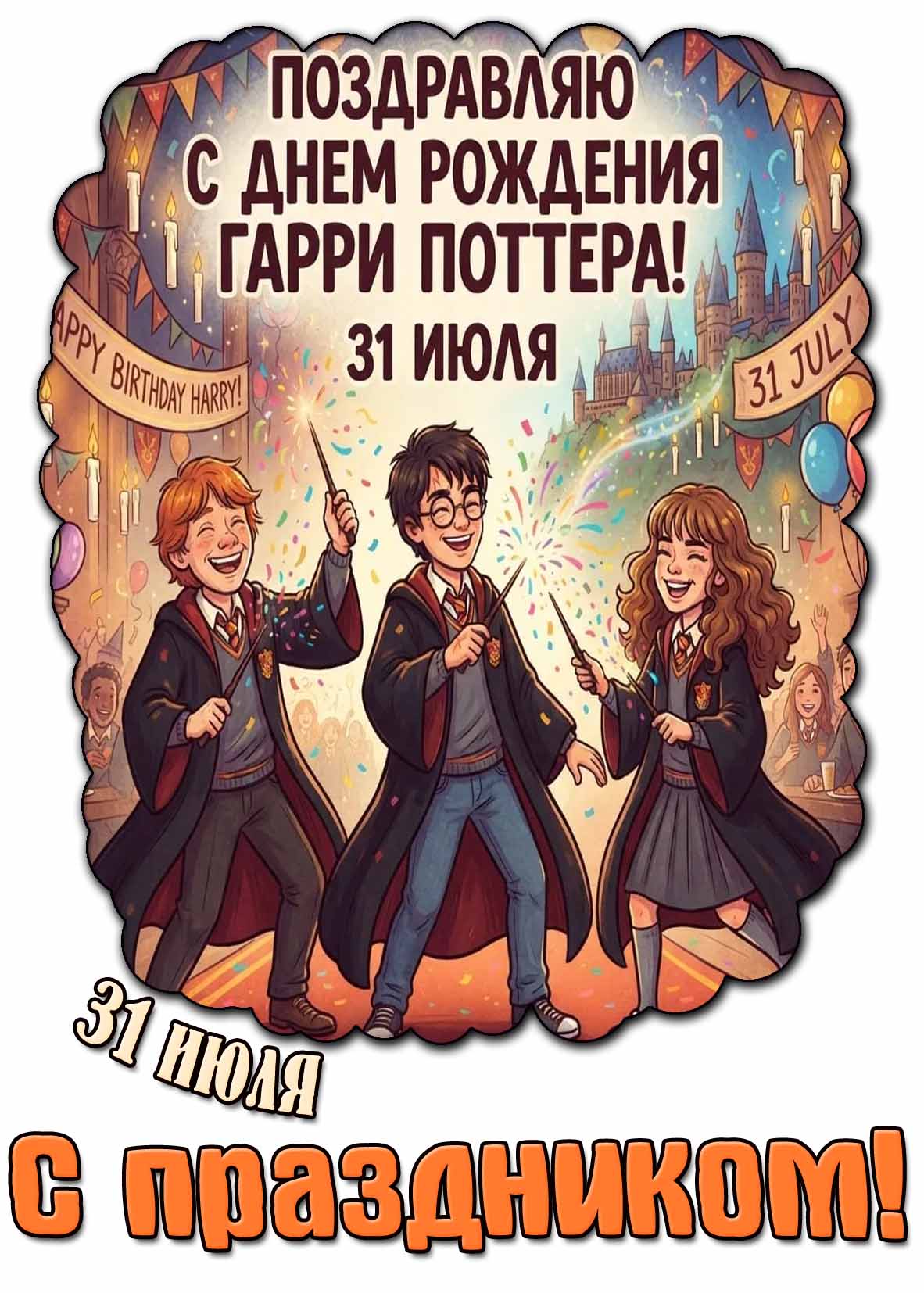 Открытка 31 июля - поздравляю с днём рождения Гарри Поттера! С праздником!