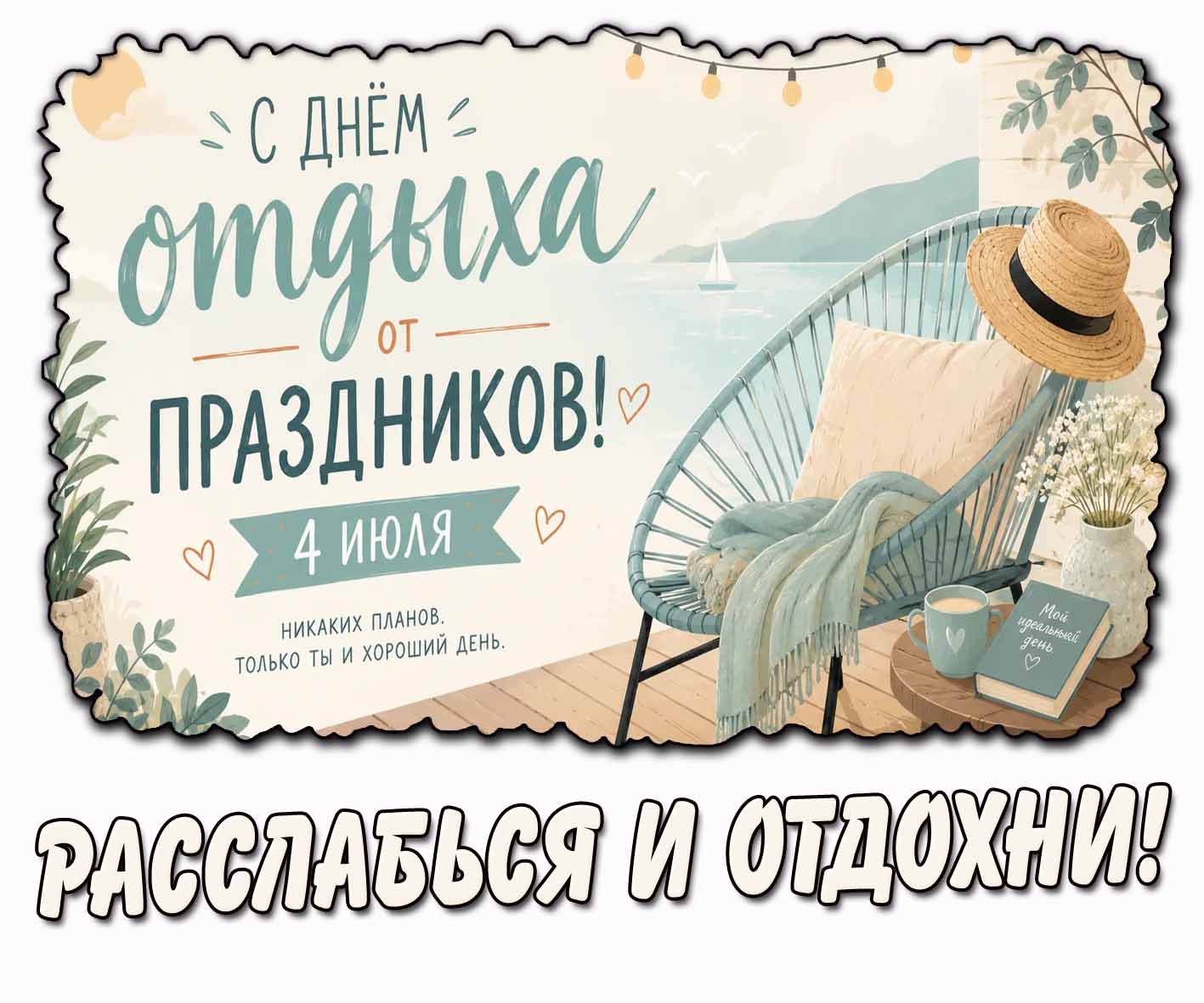 Открытка "4 июля - с днём отдыха от праздников! Никаких планов. Только ты и хороший день. Расслабься и отдохни!"