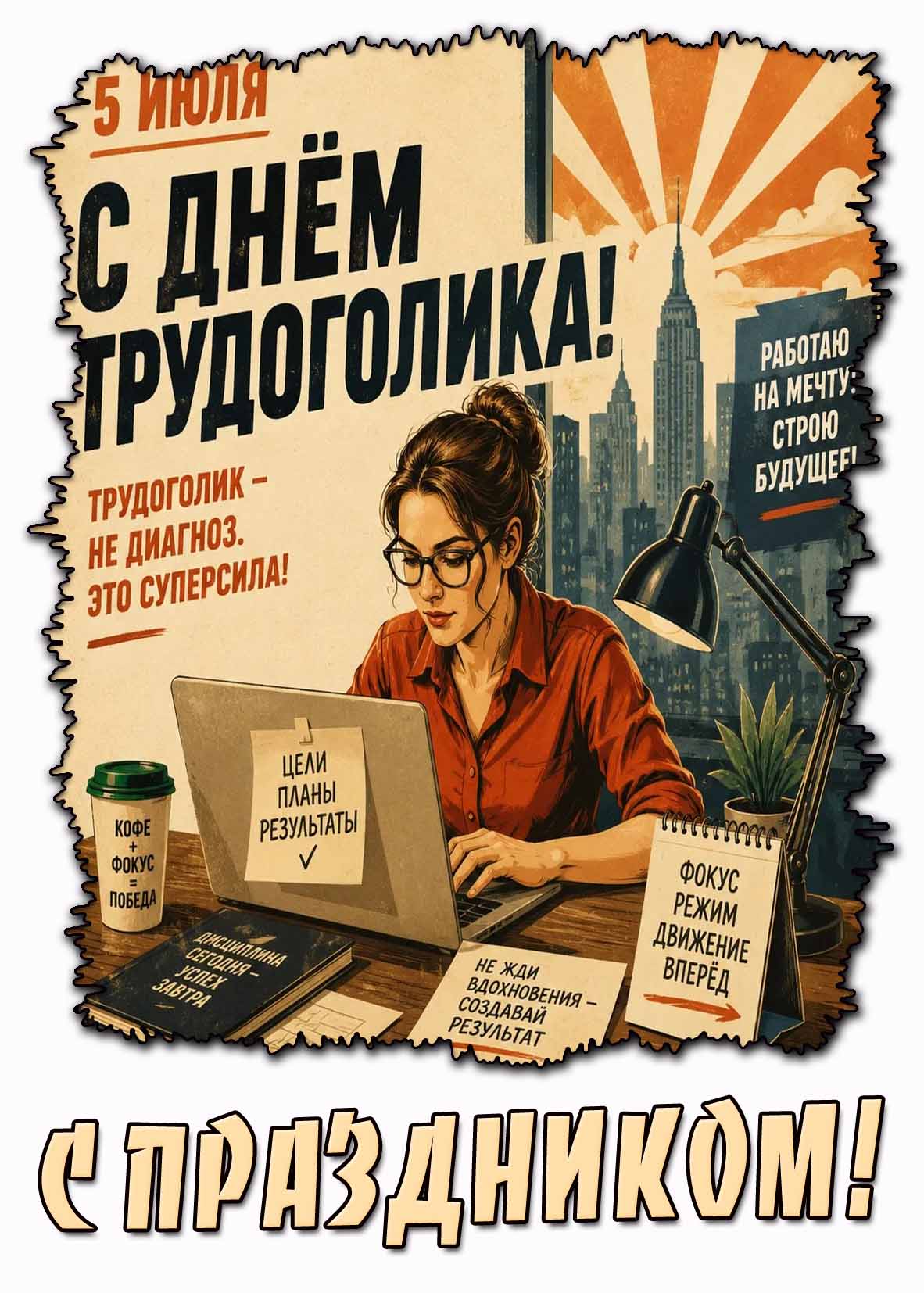 Открытка 5 июля - с днём трудоголика! С праздником! Трудоголик - не диагноз! Это суперсила!