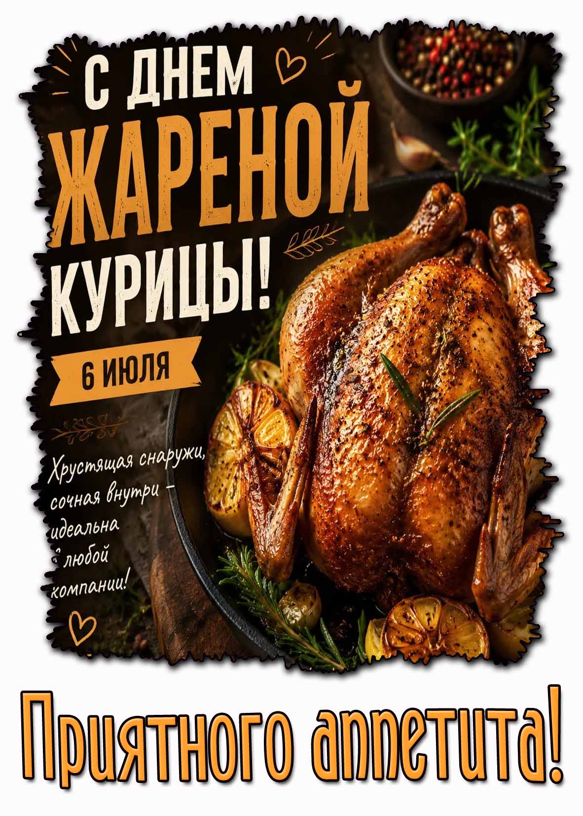 Открытка 6 июля - с днём жареной курицы! Приятного аппетита!