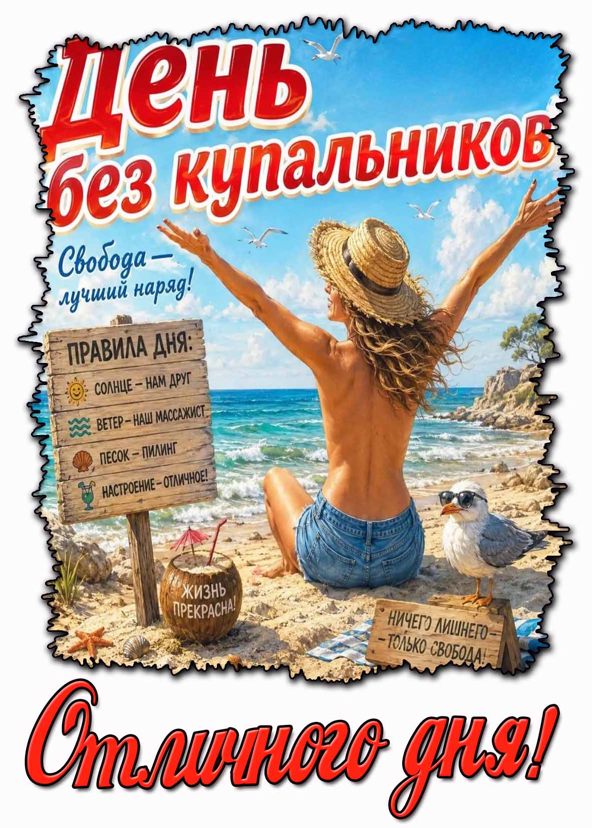 Открытка "День без купальников! Свобода - лучший наряд! Отличного дня!"