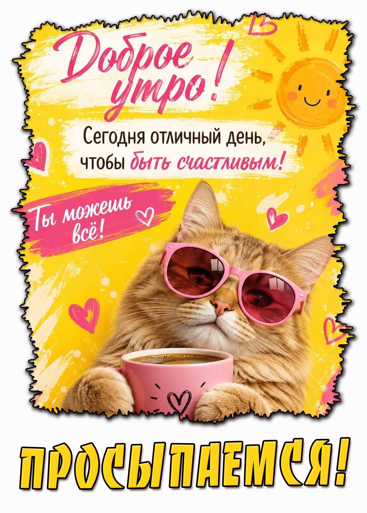 Открытка "Доброе утро! Просыпаемся! Сегодня отличный день, чтобы быть счастливым! Ты можешь всё!"