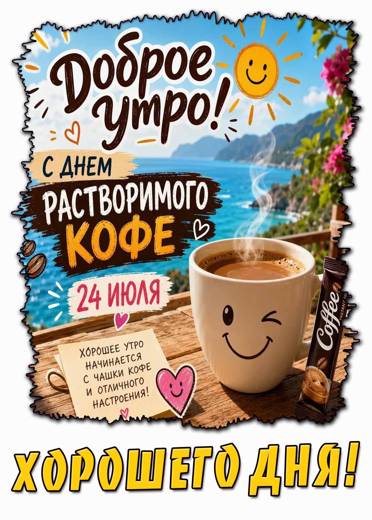 Открытка "Доброе утро! С днём растворимого кофе! Хорошего дня!" - 24 июля