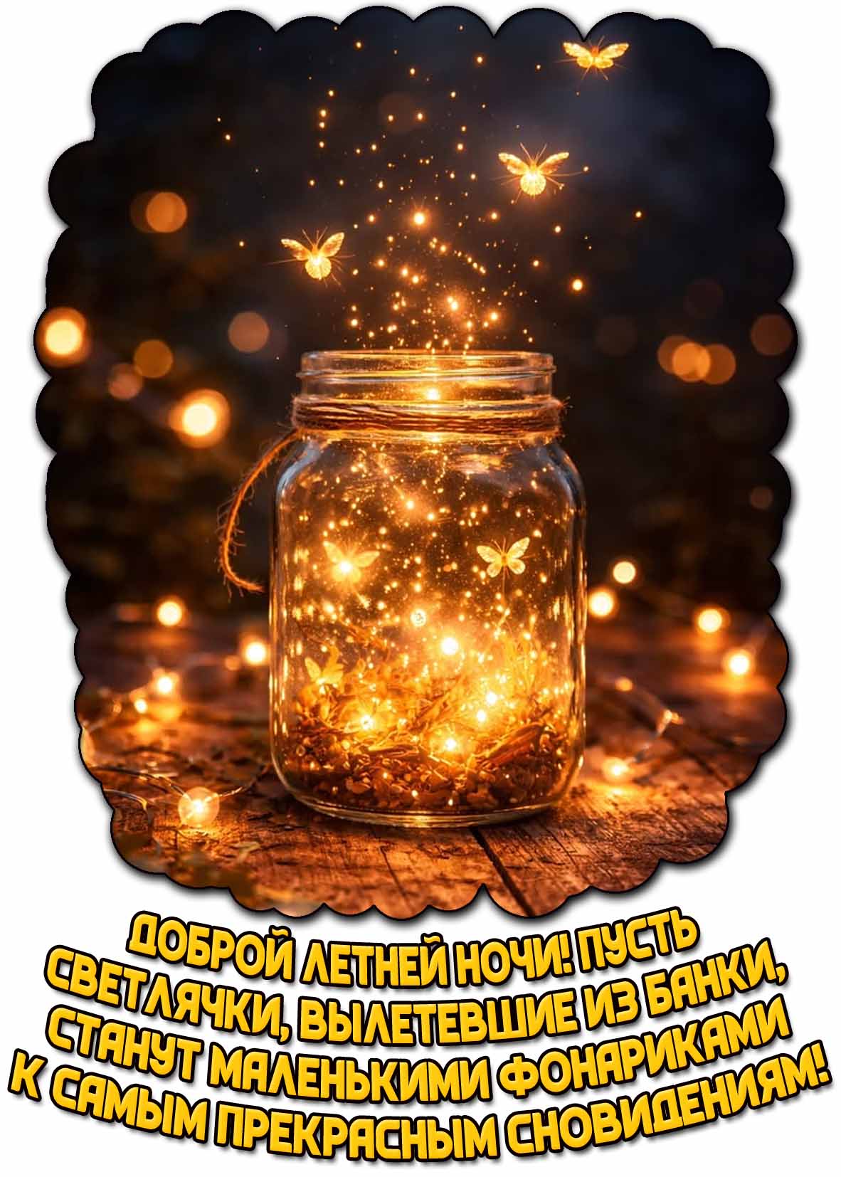 Открытка "Доброй летней ночи! Пусть светлячки, вылетевшие из банки, станут маленькими фонариками к самым прекрасным сновидениям!"