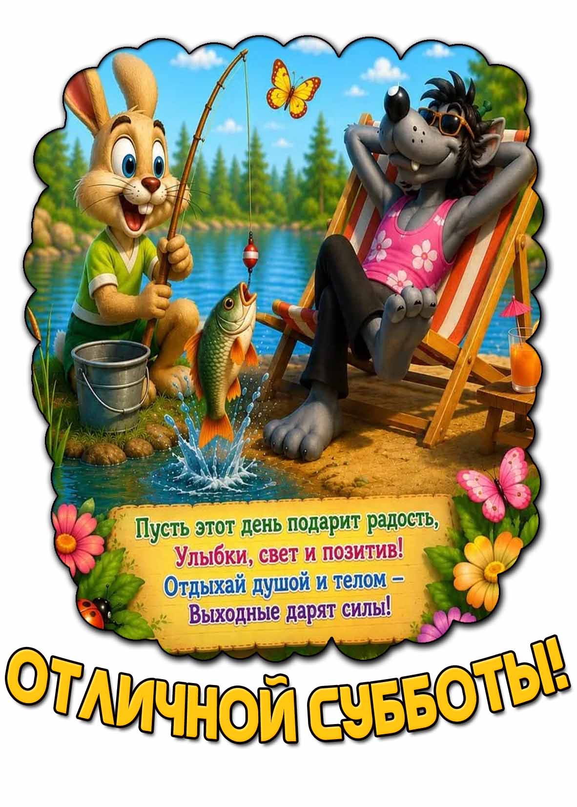 Прикольная открытка с волком и зайцем из мультфильма "Ну, Погоди!" на летней рыбалке, чтобы пожелать : Отличной субботы! Пусть этот день подарит радость, улыбки, свет и позитив! Отдыхай душой и телом - выходные дарят силы! Открытка "Отличной субботы! Пусть этот день подарит радость, улыбки, свет и позитив! Отдыхай душой и телом - выходные дарят силы!"