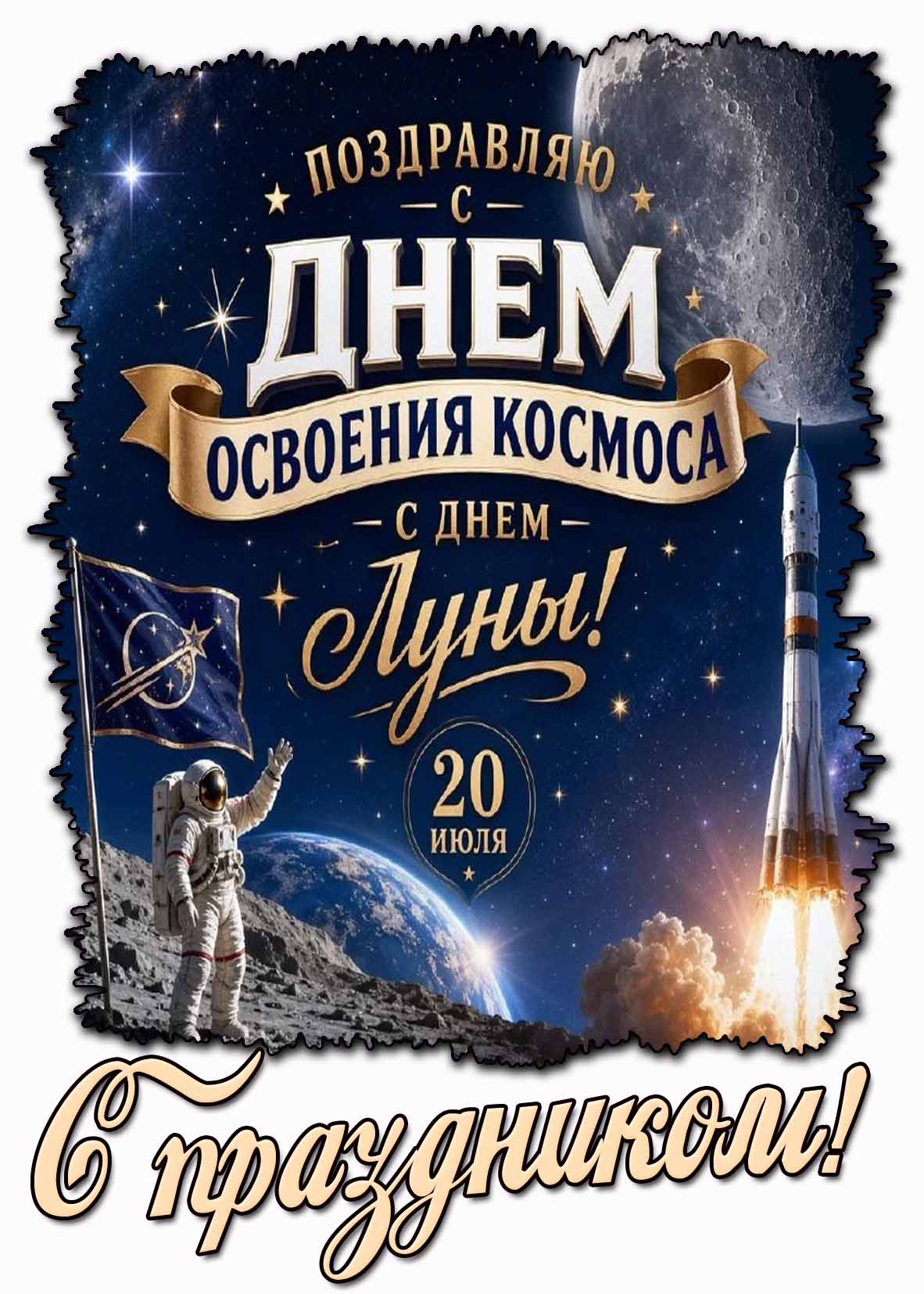 Открытка "Поздравляю с днём освоения космоса! С днём Луны! С праздником!" - 20 июля