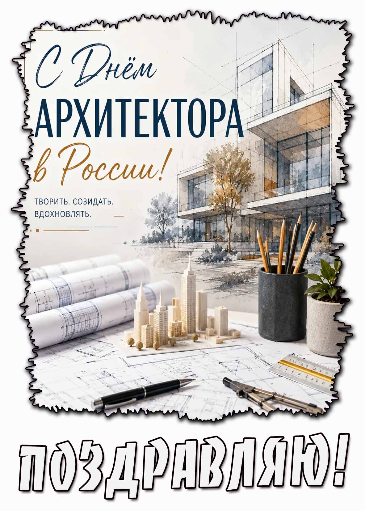 Стильная открытка с чертежами проектов, чтобы поздравить : С днём архитектора в России! Творить! Созидать! Вдохновлять! Поздравляю! Открытка "С днём архитектора в России! Творить! Созидать! Вдохновлять! Поздравляю!"