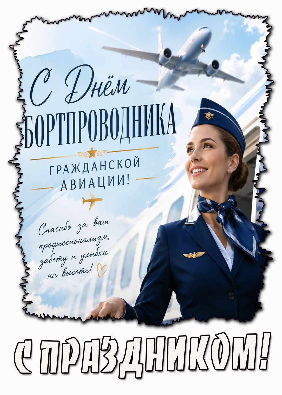 Открытка "С днём бортпроводника гражданской авиации! Спасибо вам за профессионализм, заботу и улыбки на высоте! С праздником!"