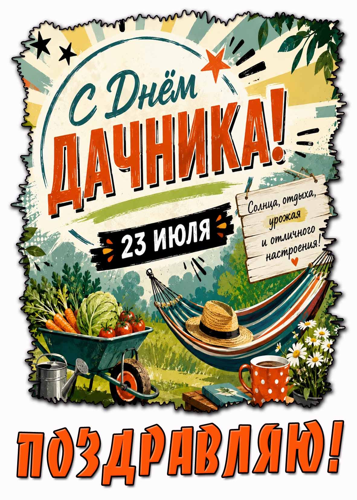 Открытка "С днём дачника! Солнца, отдыха, урожая и отличного настроения! Поздравляю!" - 23 июля