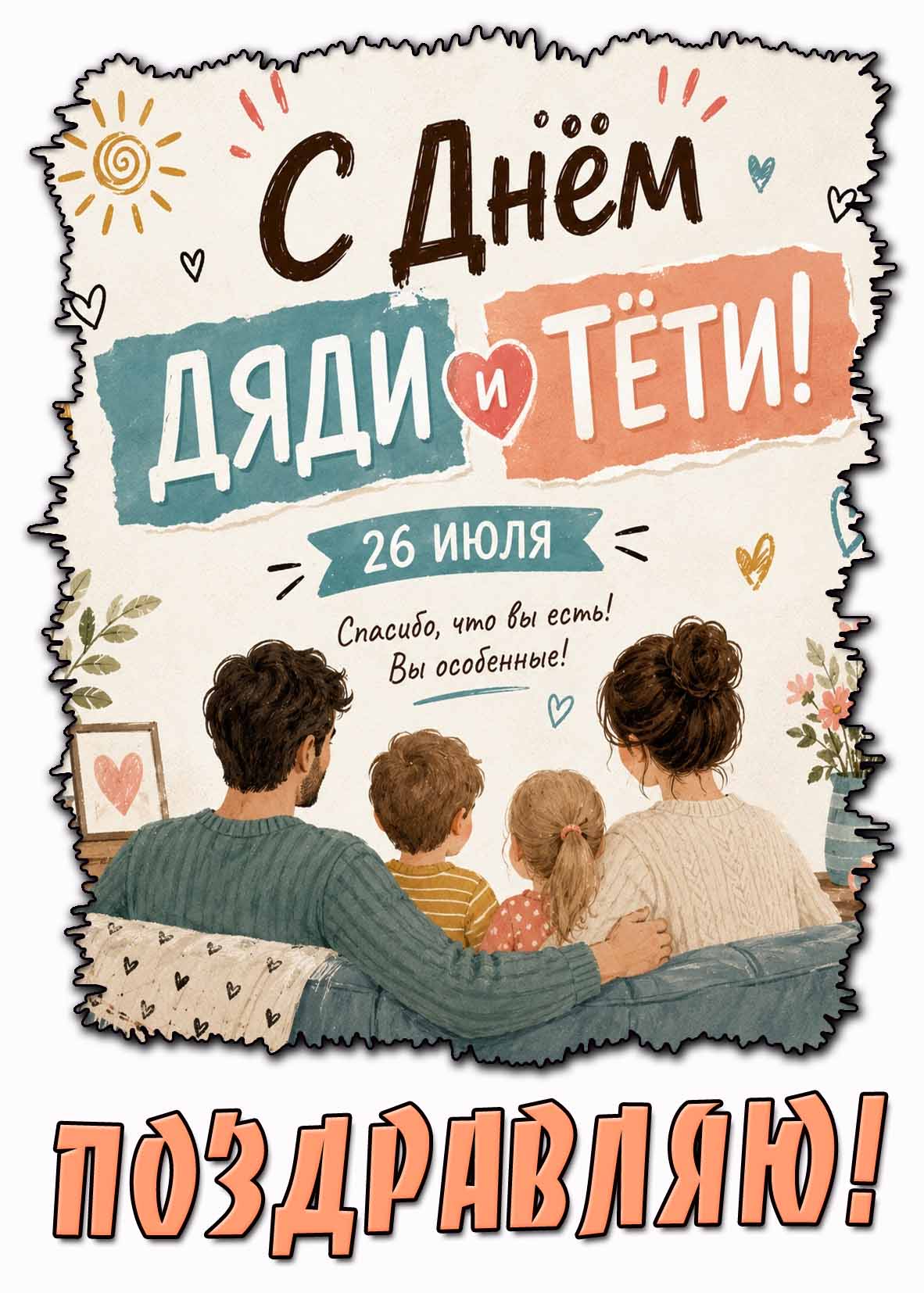 Открытка "С днём дяди и тёти! Спасибо, что вы есть! Вы особенные! Поздравляю!" - 26 июля