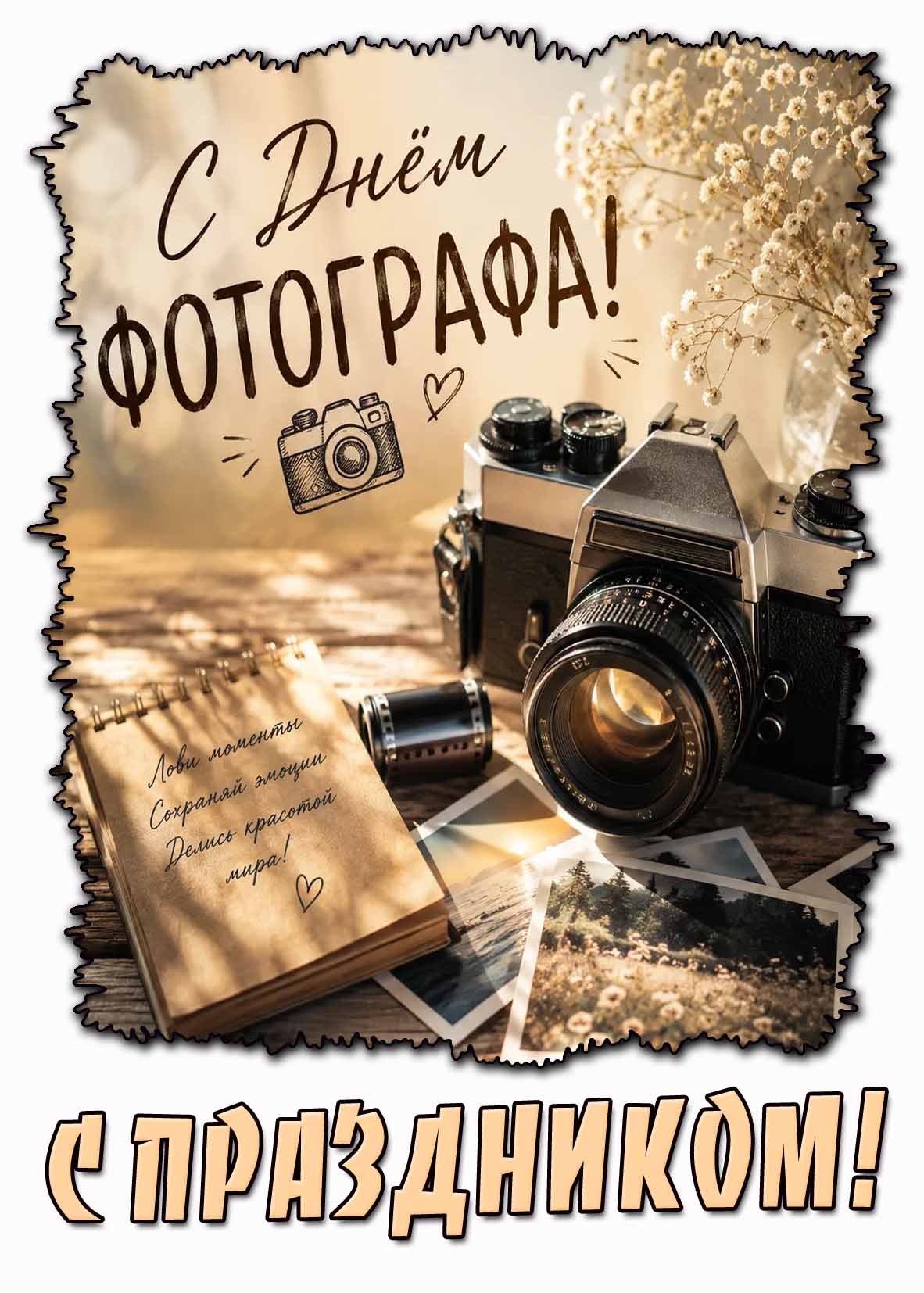 Открытка "С днём фотографа! Лови моменты, сохраняй эмоции, делись красотой мира! С праздником!"