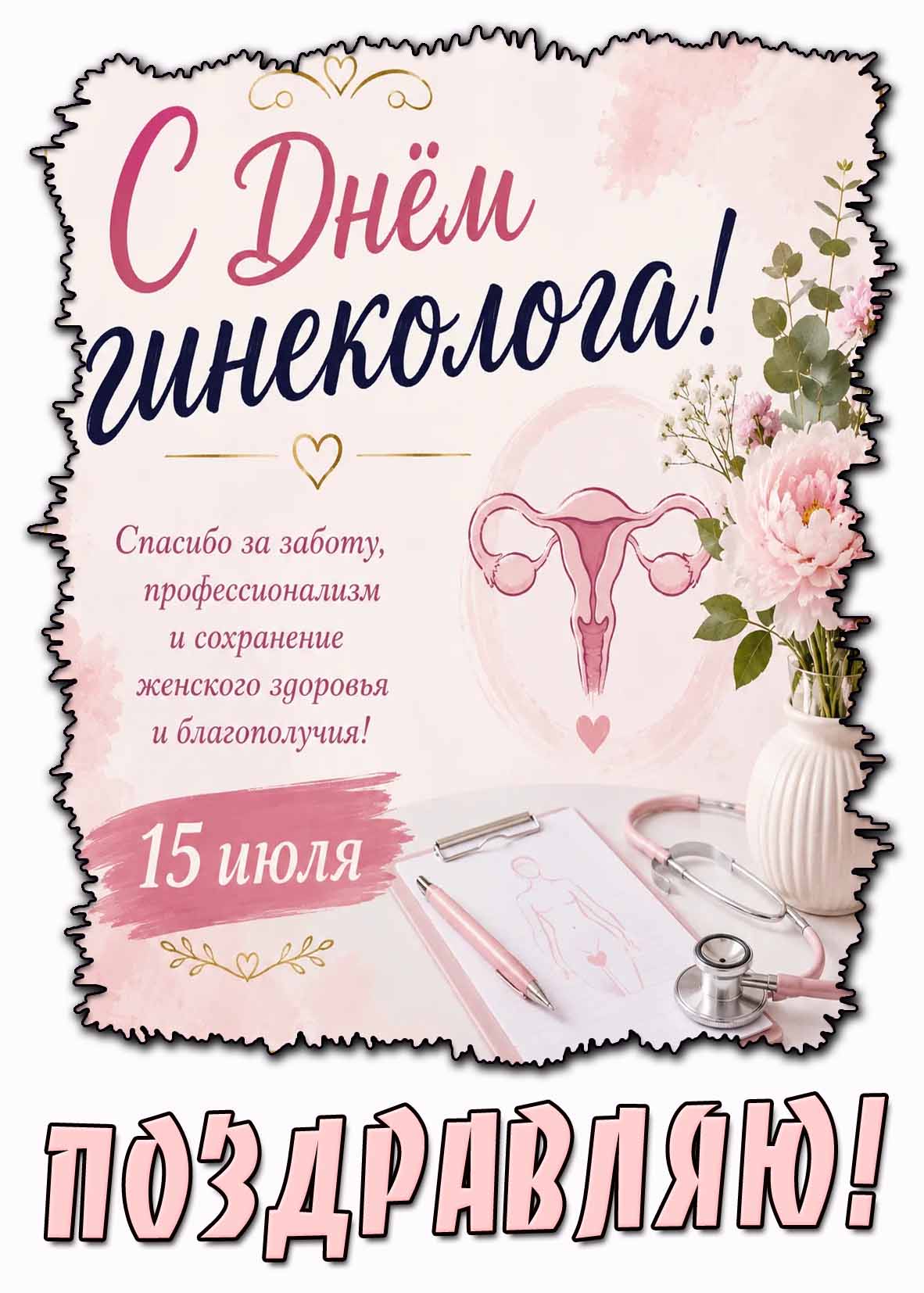 Открытка "С днём гинеколога! Спасибо за заботу, профессионализм и сохранение женского здоровья и благополучия! Поздравляю!" - 15 июля