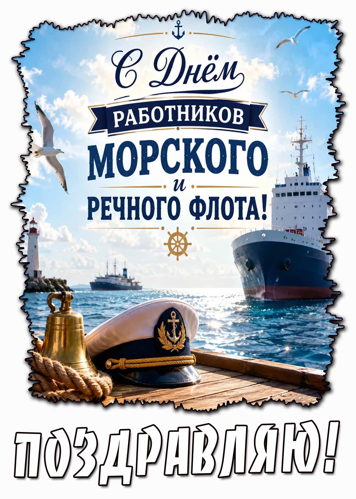 Открытка "С днём работников морского и речного флота! Поздравляю!"