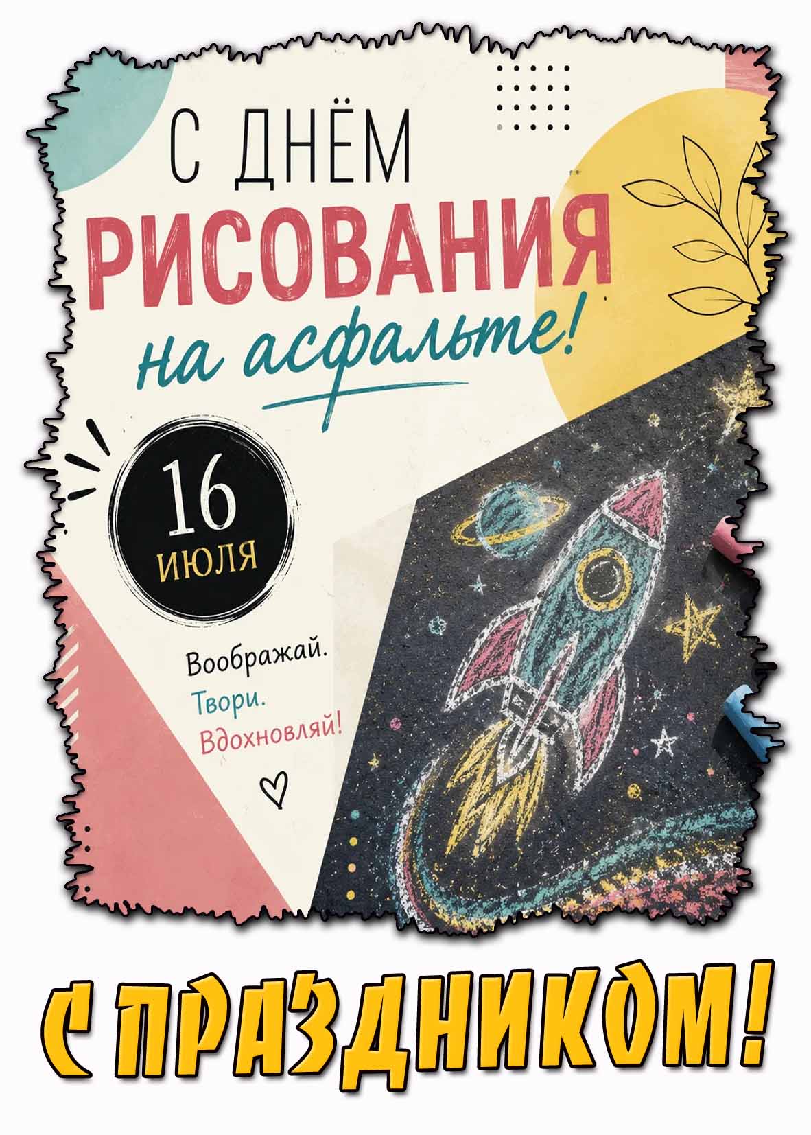 Стильная открытка "С днём рисования на асфальте! Воображай! Твори! Вдохновляй! С праздником!" - 16 июля
