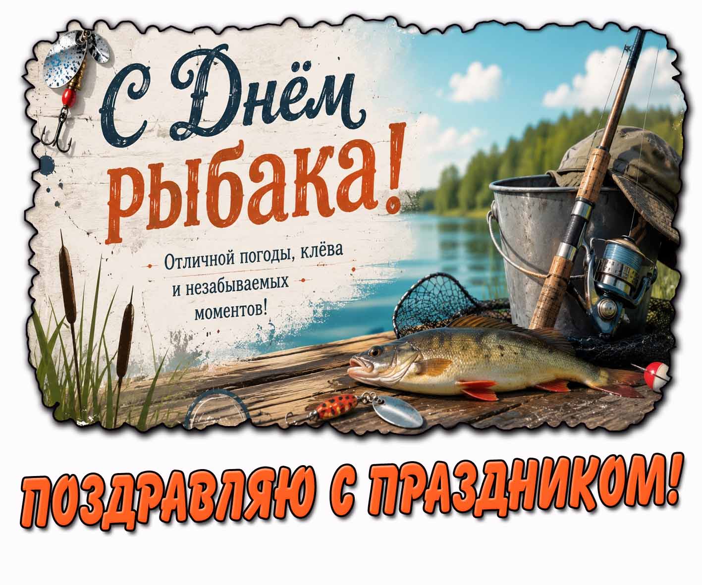 Открытка "С днём рыбака! Отличной погоды, клёва и незабываемых моментов! Поздравляю с праздником!"