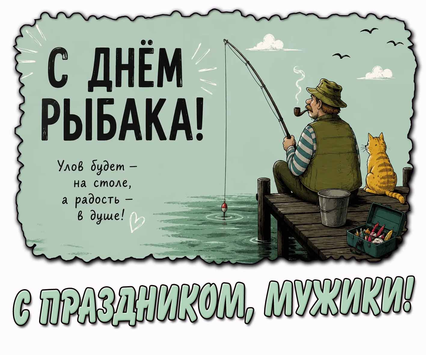 Открытка "С днём рыбака! Улов будет - на столе, а радость - в душе! С праздником, мужики!"