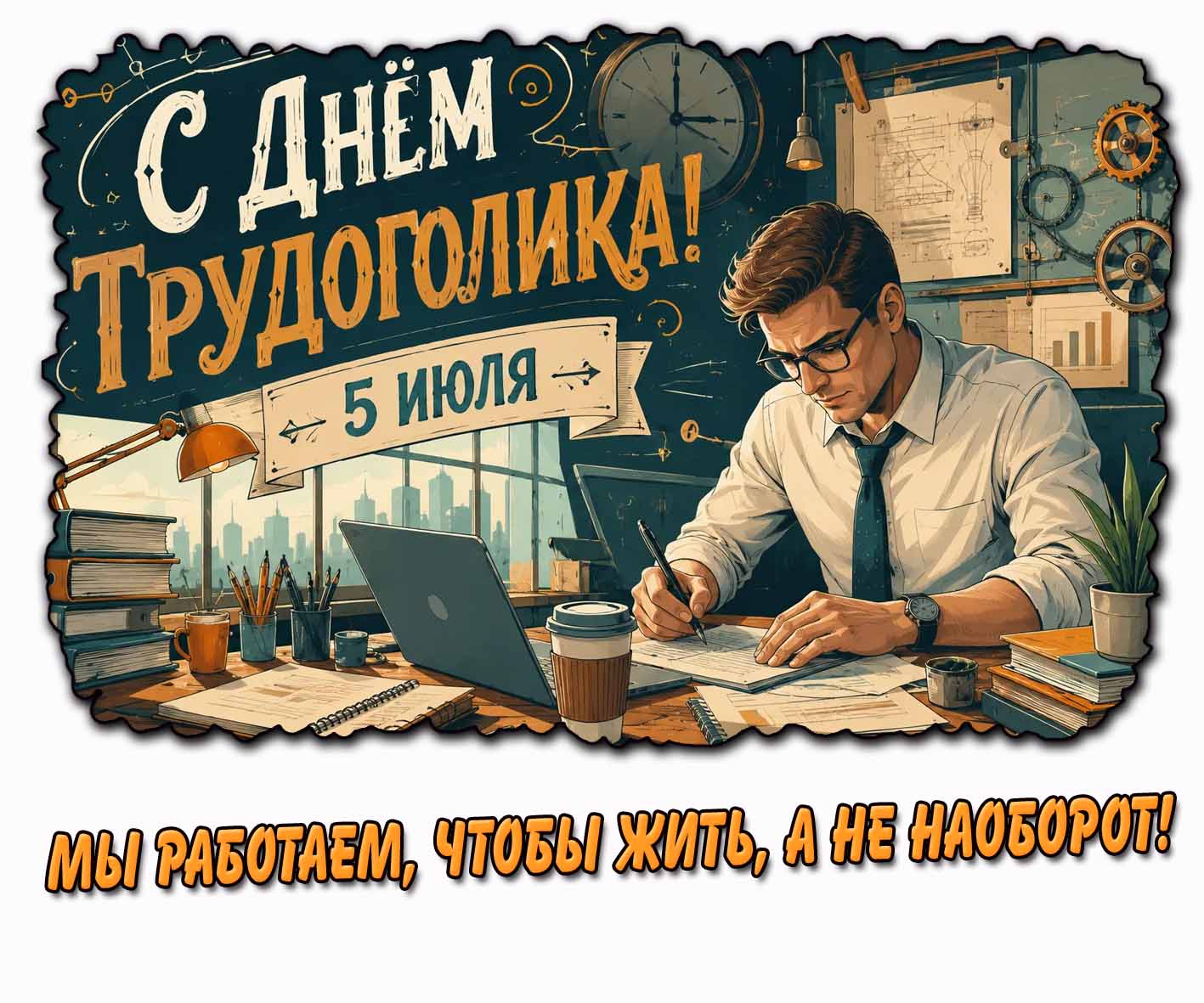 Стильная открытка "С днём трудоголика! Мы работаем, чтобы жить, а не наоборот!"
