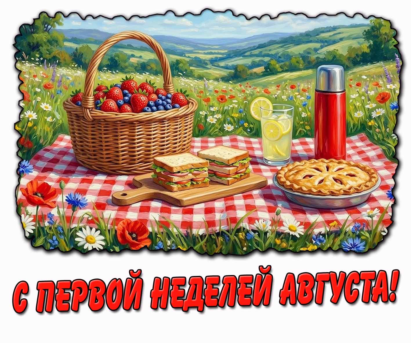 С первой неделей августа! - открытка с пикником