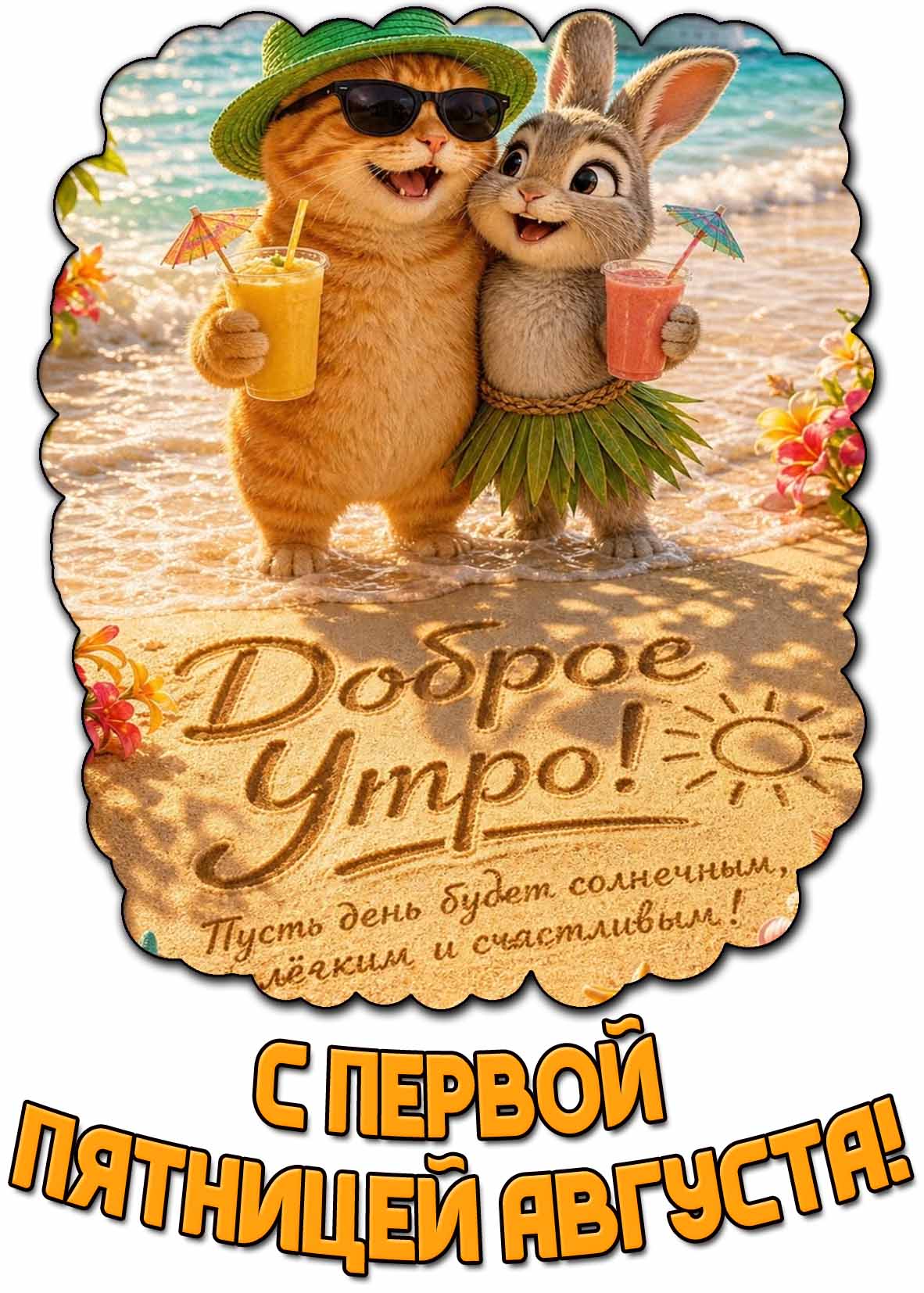 Прикольная картинка с котиком и зайчиком с коктейлями на пляже и надписью : Доброе утро! С первой пятницей августа! Пусть день будет лёгким, солнечным и счастливым! Прикольная картинка с котиком и зайчиком с коктейлями на пляже и надписью : Доброе утро! С первой пятницей августа! Пусть день будет лёгким, солнечным и счастливым!