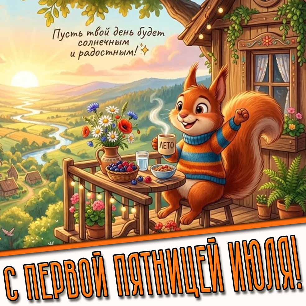 Открытка "С первой пятницей июля! Пусть твой день будет солнечным и радостным!"