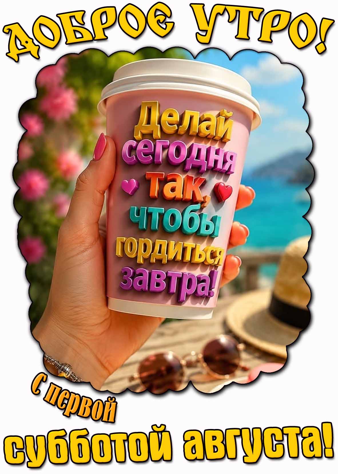 Открытка "Доброе утро! С первой субботой августа! Делай сегодня так, чтобы гордиться завтра!"