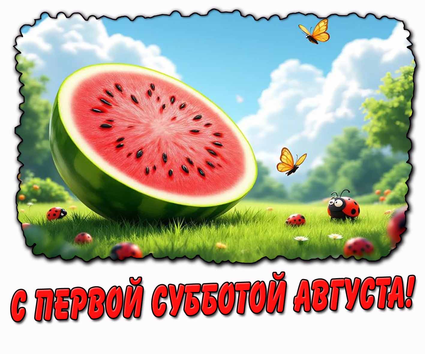 С первой субботой августа! - открытка с арбузом