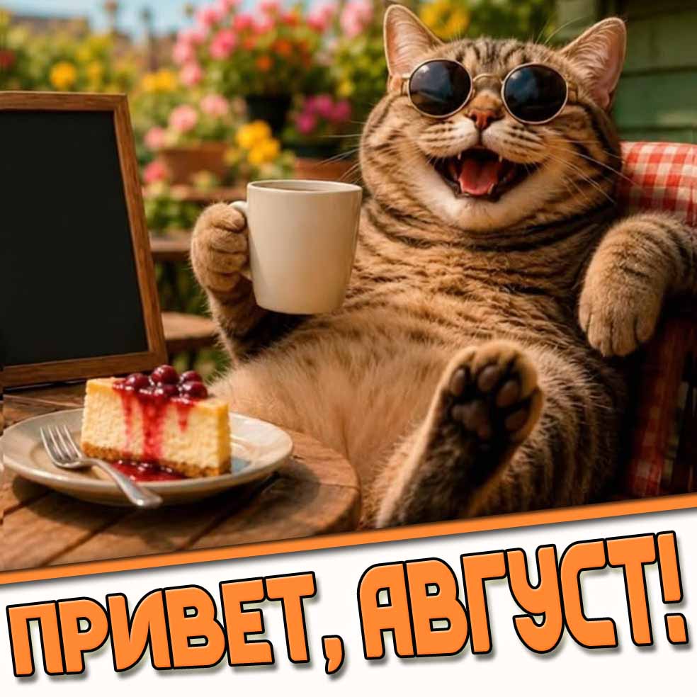 Привет, август! - открытка с прикольным котом