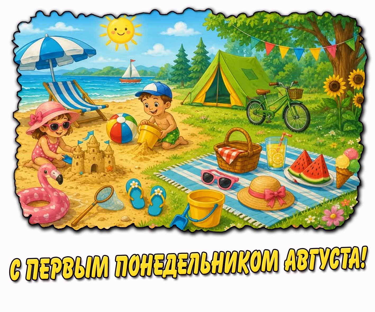 С первым понедельником августа! - открытка для детей