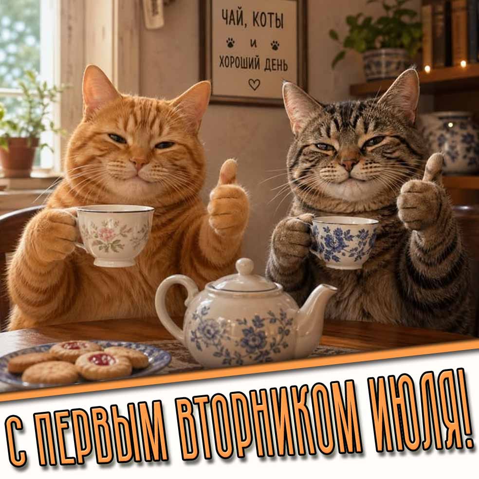 С первым вторником июля! - картинка с прикольными котами